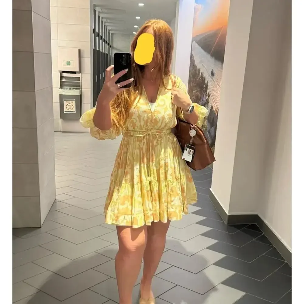 ALEXIS Capri Short Mini Dress Yellow Abstract Print 3/4 Sleeve, Size S, Rt. $598 - Picture 2 of 13